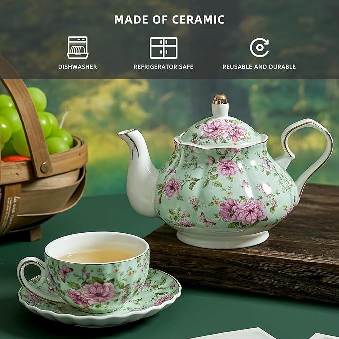 Flower Ceramic Teapot,22oz Porcelain Tea pot for Tea Coffee Milk for Office Home Men Women as Gift (Green) - Bloomnest
