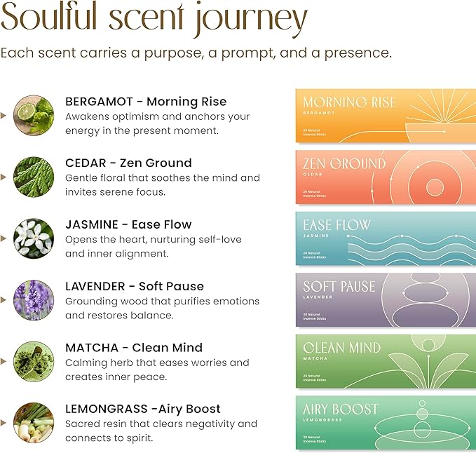 Urban Zen Incense Sticks with Holder - Incense Stick Variety Pack (120 Insence-Sticks) - Bergamot, Lavender, Matcha, Lemongrass, Cedar, Jasmine – Relaxation, Mindful Living & Home Fragrance