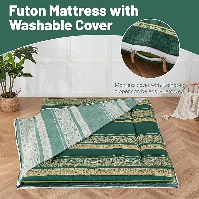 Japanese Floor Mattress, Futon Mattress with Portable Storage Bag and Washable Cover, Roll Up Thick Tatami Mat Suitable for Camping, Guest Room (Bohemian Green, Queen) - Bloomnest