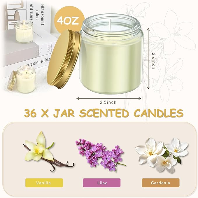 ACITHGL 36 Pcs 4oz Mini Mason Jar Candles Small Scented Candles Bulk Aromatherapy Ideal Souvenir Favors for Wedding Birthday Party (Vanilla, Lilac, Gardenia, Gold) - Bloomnest
