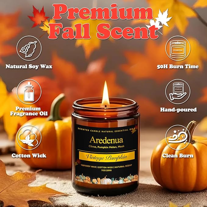 Fall Candles - Vintage Pumpkin Candle | Holiday Candles Pumpkin Scented, 7oz Autumn Soy Candle for Home Scented, 50 Hours Burn Time, Fall & Winter/Thanksgiving/Christmas Gifts for Women Men - Bloomnest