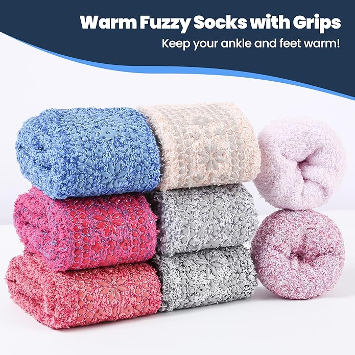 HUGSWEET 6 Pairs Thick Fuzzy Socks with Grip Cozy Non Slip Hospital Socks Home Fluffy Warm Slipper Socks Gifts for Women - Bloomnest