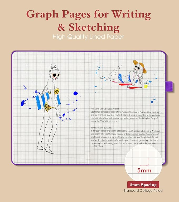 PAIBAS Graph Notebook for Women Men, 160 Pages Grid Paper, Graphing Notebooks for School, Work, Quad Ruled, Inner Pocket, A5 Hardcover Vintage Leather Journals for Writing, 5.8"x8.5" (Purple) - Bloomnest