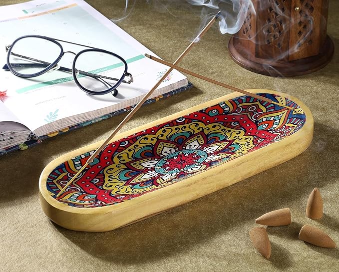 Yajna Traditional-Handmade Incense-Stick-and-Cones-Holder Incense-Burner-ash-Catcher-Stand Wooden-Tray-Holder (Mandala) - Bloomnest