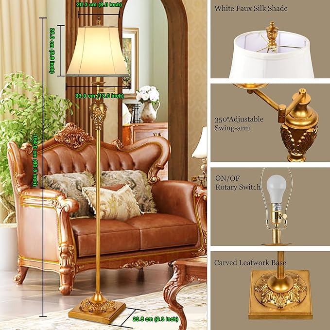 Traditional LED Floor Lamp with 350° Adjustable – Vintage Pole lamp Swing arm for Living Room, Bedroom and Office – Rustic Upright Floor Light for Home Décor with Faux Silk Fabric Shade - Bloomnest