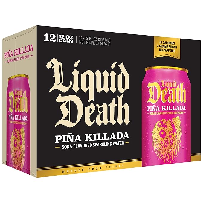 Liquid Death Soda-Flavored Sparkling Water - Piña Killada (Classic Piña Colada), Less Sugar*, Huge Flavor, No Caffeine, No Artificial Sweeteners, 12 Fl Oz (Pack of 12) - Bloomnest