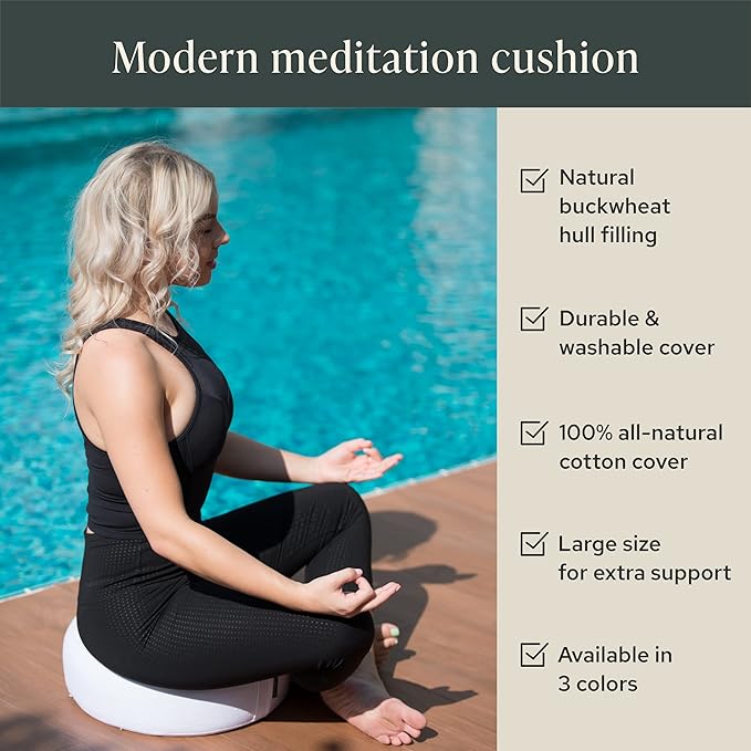 Mindful & Modern Large Meditation Cushion | Zafu Yoga Bolster Meditation Floor Pillow Seat | Buckwheat Hull Filled Crescent Shaped Cushion with Removable Washable Cover + Carry Handle - Bloomnest