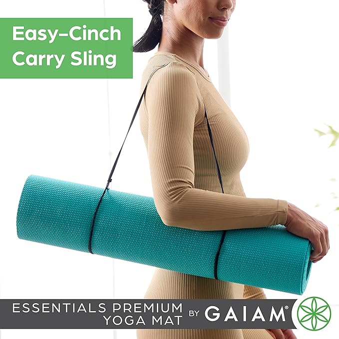 Gaiam Essentials Thick 2/5" (10mm) and Thin 1/4" (6mm) Yoga & Pilates, Fitness & Exercise Mat with Easy-Cinch Carrier Strap