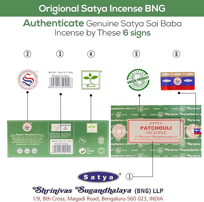 Satya Patchouli Incense Sticks, Satya Bng (Bangalore) Insenses 15gmx12 Pack with Raajsee Incense Holder Bundle, Satya Nagchampa Natural Incense - Bloomnest