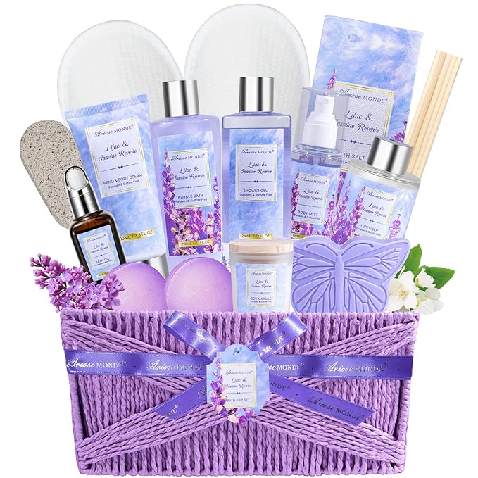 Gift baskets for women, 15Pcs Lilac Women Bath Gift Baskets w/Body Mist, Diffuser, Bath Bomb. Unique Relaxing Spa Gift Basket Set, Mothers Day Gifts for Mom Wife Grandma Daughter Friends Sister - Bloomnest