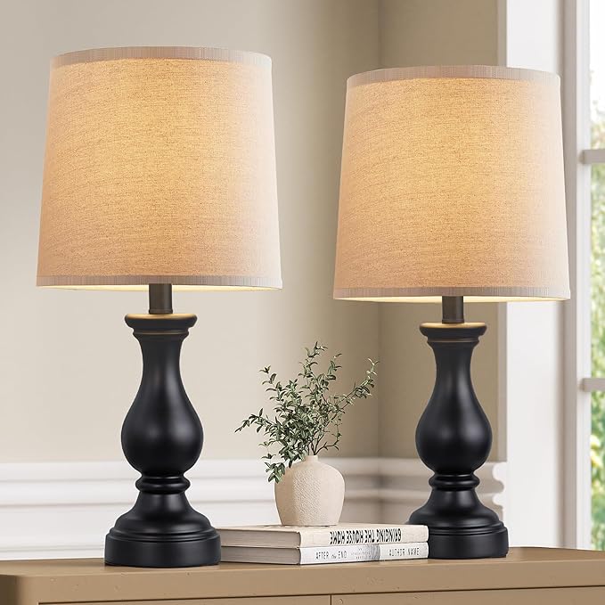 Seealle Farmhouse Table Lamps Set of 2 - Rustic Lamp for Bedroom Living Room, 22" Boho Bedside Lamps for Night Stands End Table Office Desk Lamp Nightstand with Linen Shades(Matte Black) - Bloomnest
