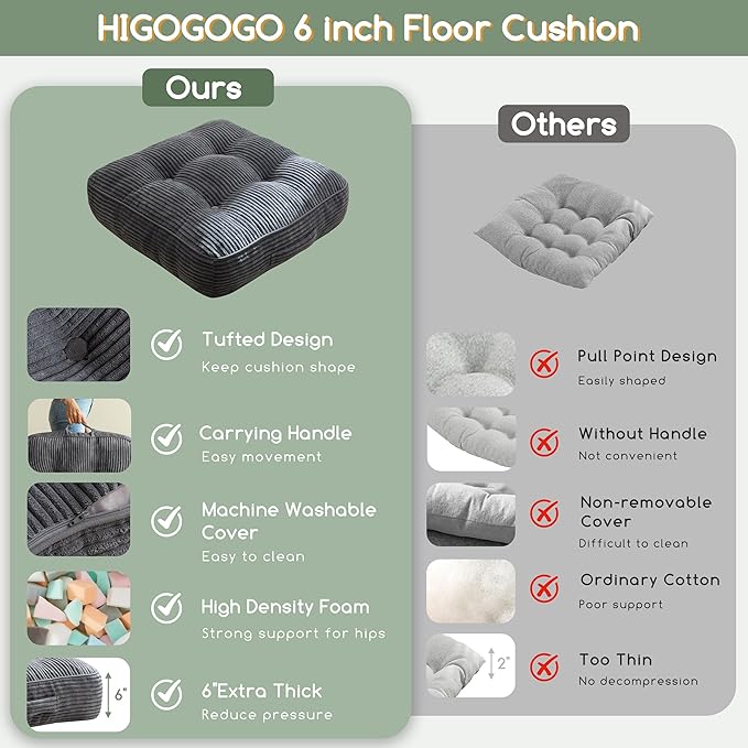 6" Washable Floor Pillow Cushion for Adults, Meditation Cushion Pillow, Large Square Floor Sitting, Removable Tufted Corduroy Cover, for Tatami Living Room or Yoga, 22x22 Inch, Machine Washable - Bloomnest
