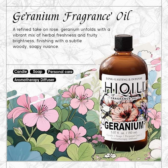 HIQILI Geranium Fragrance Oil for Home Diffuser, Relaxation, Essential Oil for Candle & Soap Making, Long-Lasting Scents, Car Freshies - 5.07 Fl Oz - Bloomnest