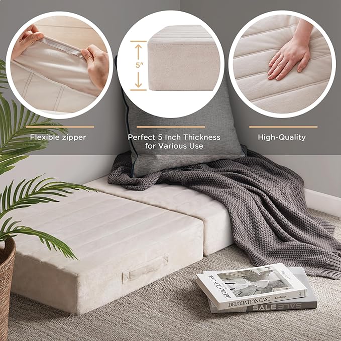 Codi Floor Cushions for Adults, Large Meditation Pillows with Thick Foam and Soft Tufted Covers, Washable Square Seating for Couch and Yoga Sitting, 22×22×5 Inch Ivory - Bloomnest