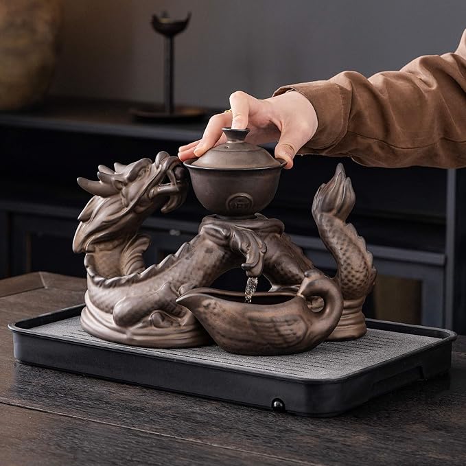 Dragon Tea Sets with Infuser Semi Automatic Tea Set Magic Teapot with 8 cups (Antique Brass Dragon- A) - Bloomnest