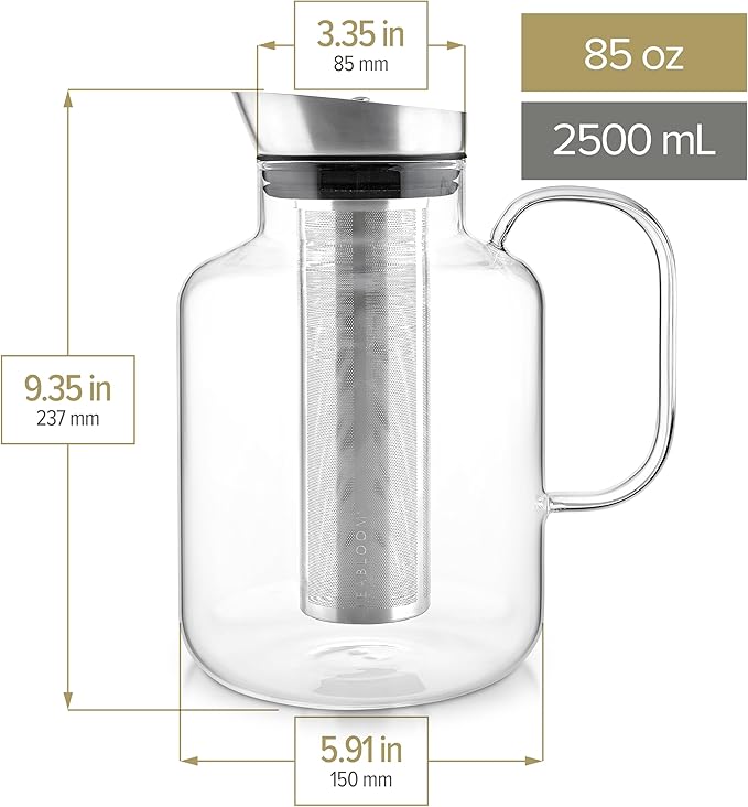 Teabloom 100% Plastic-Free Extra-Large Multi-Brew Borosilicate Glass Teapot + Kettle + Pitcher – Steep and Serve Hot Tea, Iced Tea, Cold Brew Tea and Fruit Infused Water – Legacy Tea Maker - Bloomnest