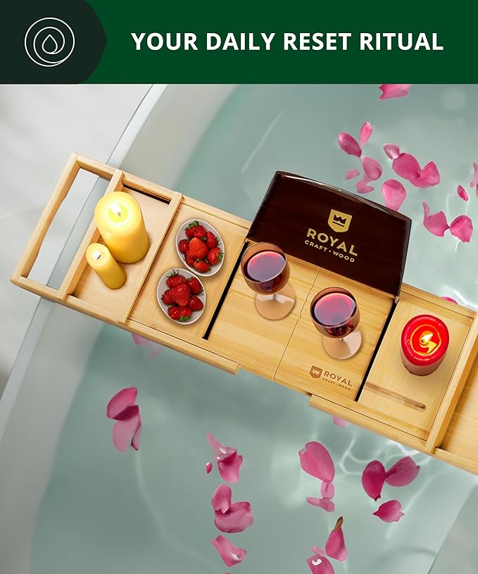 ROYAL CRAFT WOOD Bathtub Tray Caddy for Tub, Bamboo Bath Shelf, Premium Foldable Wood Bath Table, Expandable Bathtub & Bathroom Accessories, New Home Gifts for Mom, Housewarming, Anniversary, Wedding - Bloomnest