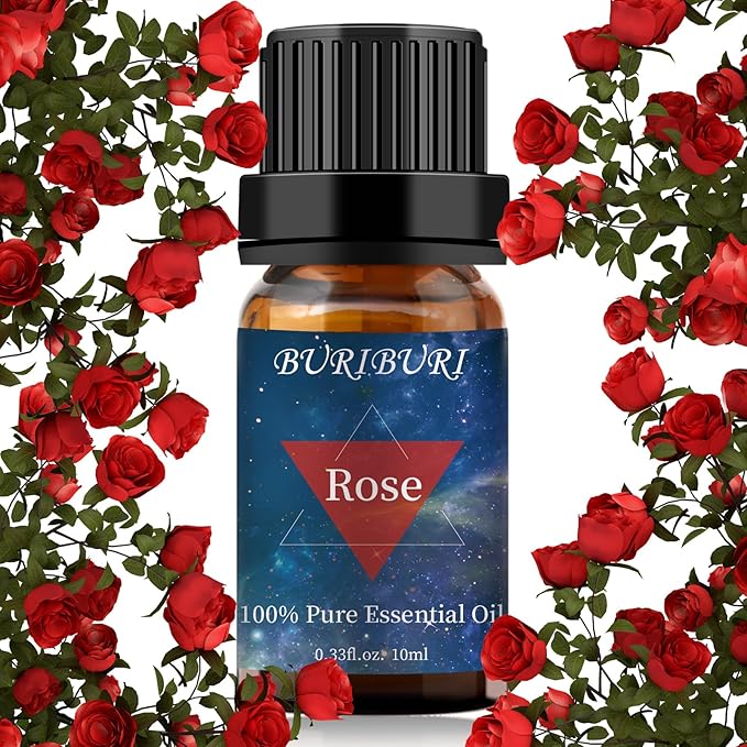 BURIBURI Rose Essential Oil for Diffuser, Massage, Soap, Candle, Perfume Making - 100% Pure, Undiluted, Natural, Organic Aromatherapy - 10ml - Romantic Rose Scented Oil for Women BURIBURI