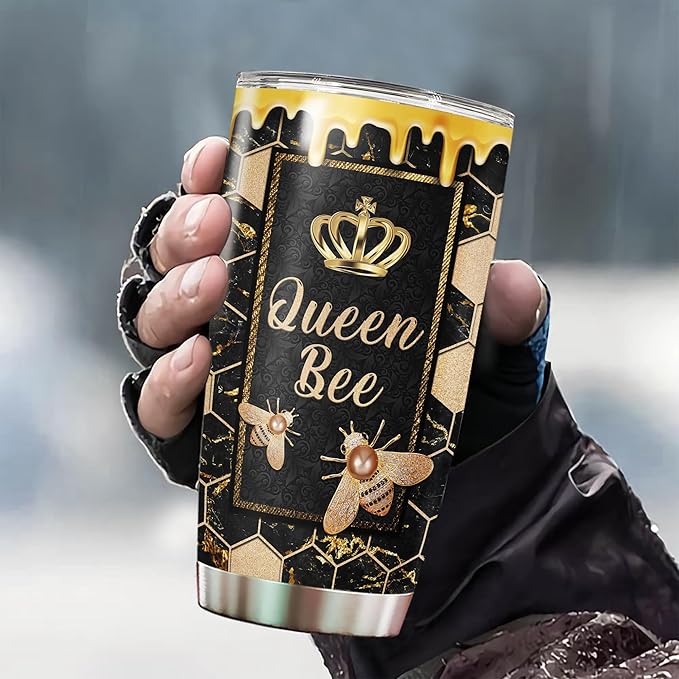 WAZONE Personalized Queen Bee Tumbler Cup With Lid 20oz 30oz Custom Name Double Wall Vacuum Stainless Steel Travel Coffee Mug Novelty Jewelry Style Insulated Birthday Gift For Girls Women - Bloomnest