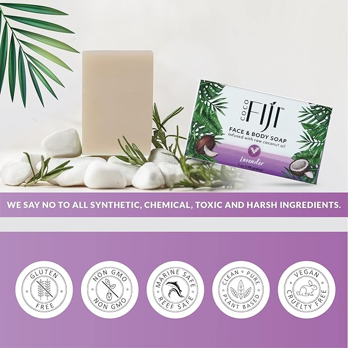 "Coco Fiji Soap Bar for Face and Body Infused With Organic Coconut Oil, Lavender Essential Oil, Natural Soap for Moisturizing & Pore Purifying Skin, 7 oz, Pack Of 2 " - Bloomnest
