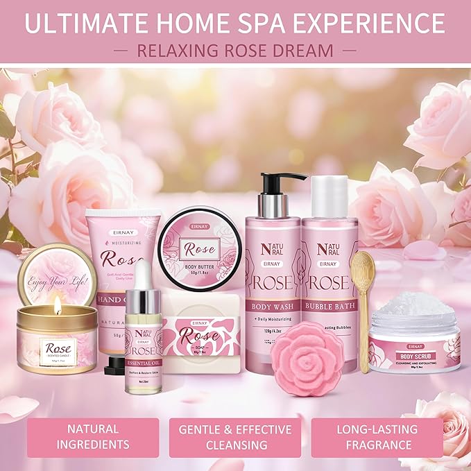 Gifts for Women, 12 PCS Birthday Gifts for Women Rose Relaxing Spa Basket Self Care Package for Her Mom Sister Wife Friend Unique Mothers Day Valentine Gift Ideal - Bloomnest