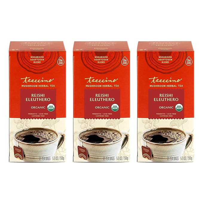 Teeccino Reishi Eleuthero Tea - French Roast - Organic Mushroom Adaptogenic Herbal Tea, 3x More Herbs than Regular Tea Bags, Caffeine Free, Chicory Prebiotic - 25 Tea Bags, Pack of 3 - Bloomnest