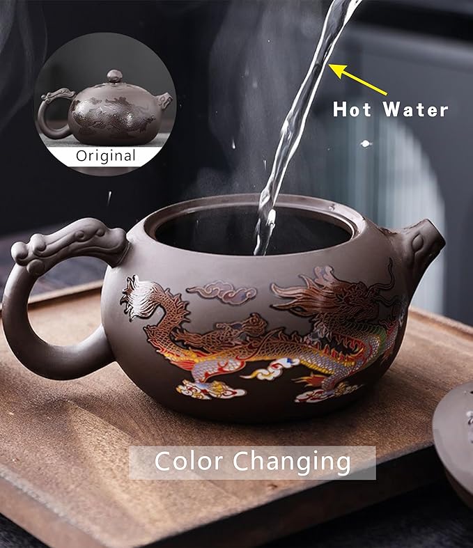 Hand-made Dragon and Phoenix Color-changing Purple Clay Teapot – Chinese Kung Fu Tea Set, Tea Lover’s Gift, Large Capacity (Teapot+2* Teacups) - Bloomnest