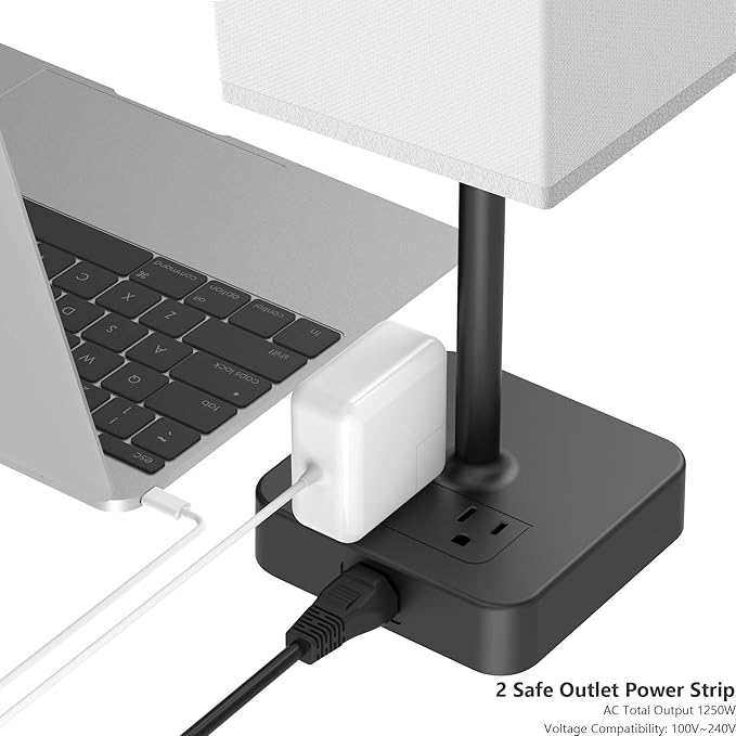 Bedside Table Lamp with Touch Control & USB C+A Charging Ports LED Desk Lamp with 2 AC Outlets, Minimalist Nightstand Light with Black Fabric Shade for Bedroom, Living Room, Office, White - Bloomnest