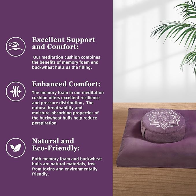 Meditation Zafu Cushion Set with Buckwheat Hulls & Memory Foam - Ergonomic Support for Yoga & Sitting - Removable Machine-Washable Luxury Velvet Cover - for Adults and Kids (Purple)