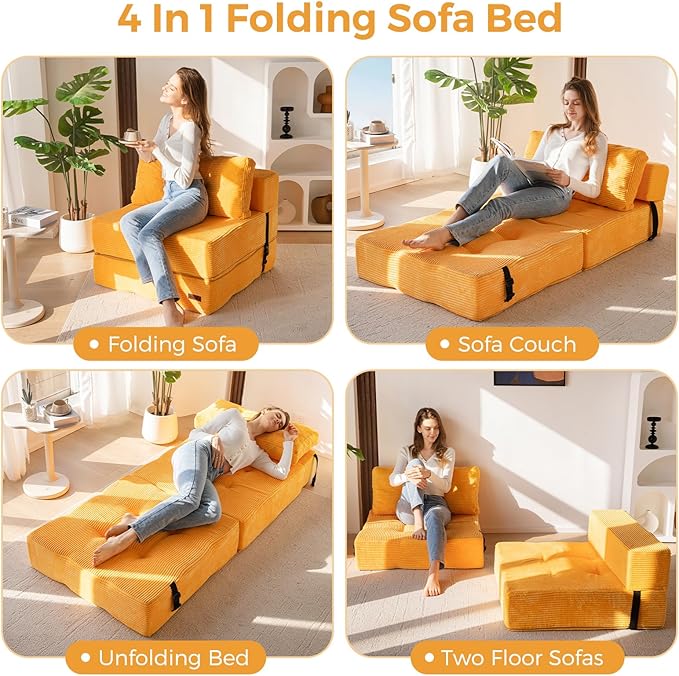 MAXYOYO Folding Sofa Bed, Convertible Sofa Bed with High-Density Support Foam, Portable 4 in 1 Fold Out Chair to Floor Lounger, Versatile Floor Couch for Living Room Bedroom, Orange - Bloomnest