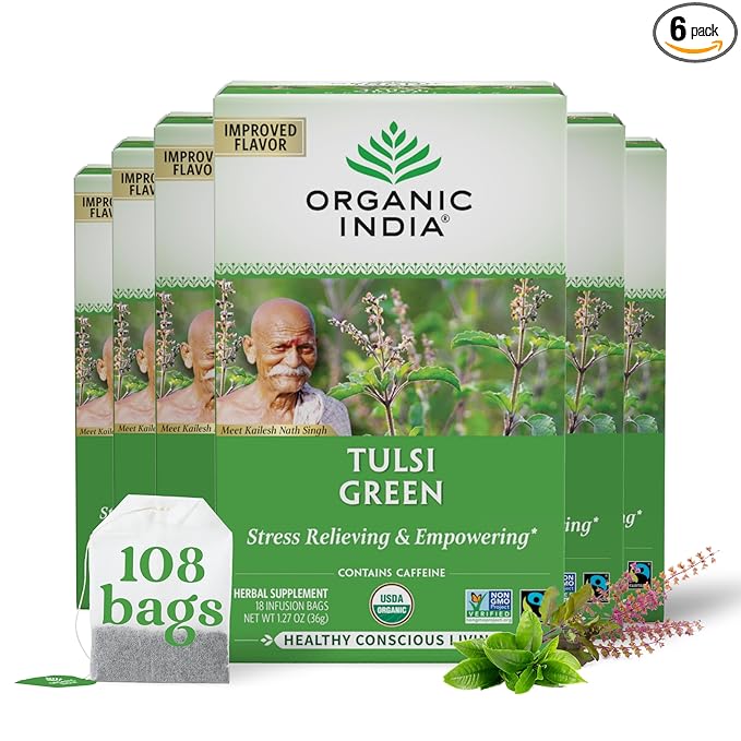 Organic India Tulsi Green Herbal Tea - Stress Relieving & Balancing, Immune Support, Adaptogen, Vegan, USDA Certified Organic, Caffeine-Free - 18 Infusion Bags, 6 Pack - Bloomnest