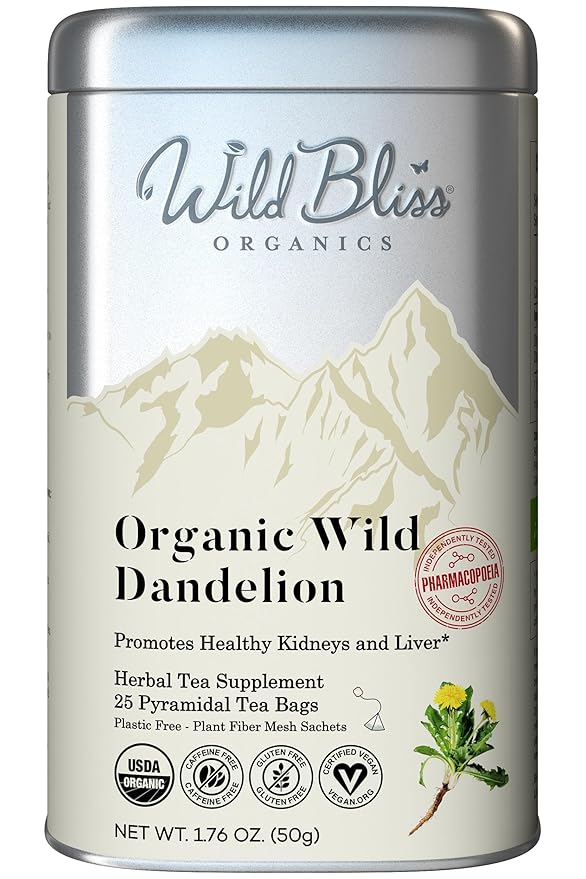 Wild Bliss Organic Wild Raw Dandelion Root Tea - Pharmacopoeia Quality Caffeine Free Herbal Detox Support - 25 Plant Based Tea Bags - Bloomnest