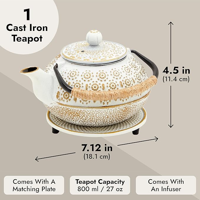Juvale Stovetop Cast Iron Tea Kettle with Infuser - Superior Heat Retention Loose Leaf Tea Pot - Built-In Teapot with Strainer - Includes Trivet & Infuser Kettle - White, 27 Oz (800 ml) - Bloomnest