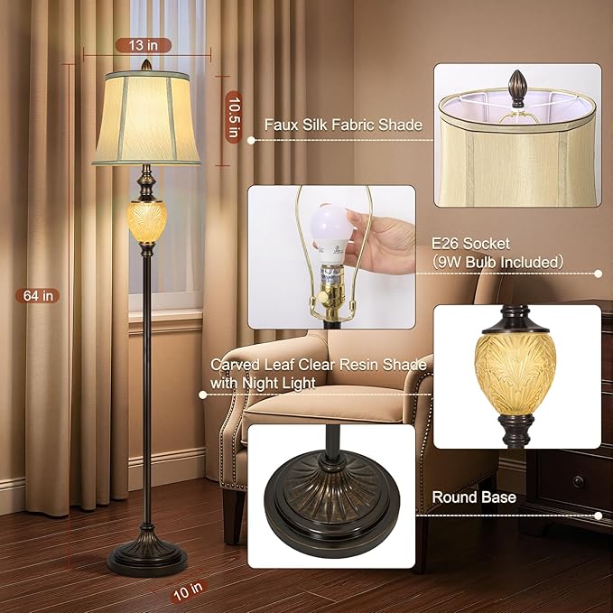 Vintage Floor Lamp with Nightlight, 64" Tall Lamp with Beige Faux Silk Shade, Rotary Switch, Farmhouse Design Brown Standing Lamp for Living Room Bedroom Office Dining Room Corner (LED Bulb Included) - Bloomnest