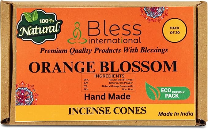 Bless International Orange-Blossom 100%-Natural-Incense-Cones Handmade-Hand-Dipped Organic-Chemicals-Free for-Purification-Relaxation-Positivity-Yoga-Meditation The-Best-scents (20 Count)