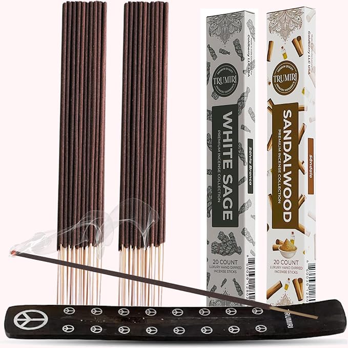 Trumiri Incense Combo Pack - 40 Sticks (20 White Sage + 20 Sandalwood) - All Natural