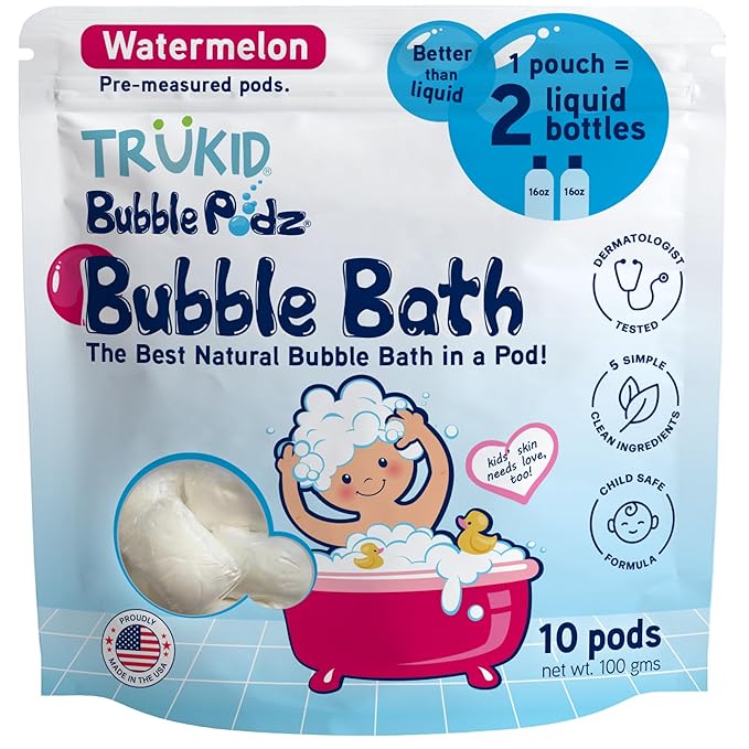 TruKid Bubble Podz Bubble Bath for Kids, Toddlers, & Babies, Tear Free Gentle & Refreshing Bath Bomb for Sensitive Skin with Natural Moisturizers, Non-Toxic, pH Balanced, Watermelon Scent (10 Podz) - Bloomnest