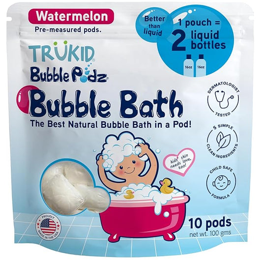 TruKid Bubble Podz Bubble Bath for Kids, Toddlers, & Babies, Tear Free Gentle & Refreshing Bath Bomb for Sensitive Skin with Natural Moisturizers, Non-Toxic, pH Balanced, Watermelon Scent (10 Podz) - Bloomnest