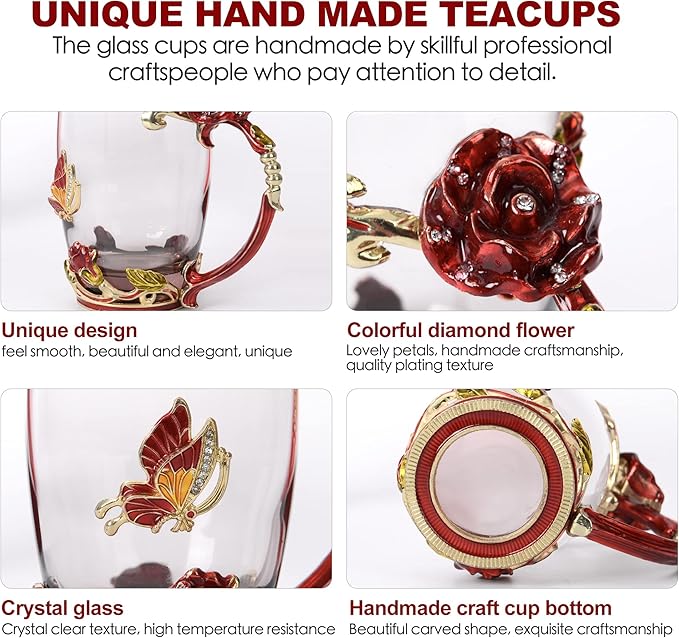 Glass Coffee Cup Tea Mug & Gifts with Spoon Set Handmade Enamel Butterfly Rose Flower for Mothers Day Gift, Women (2 Red Pack) - Bloomnest