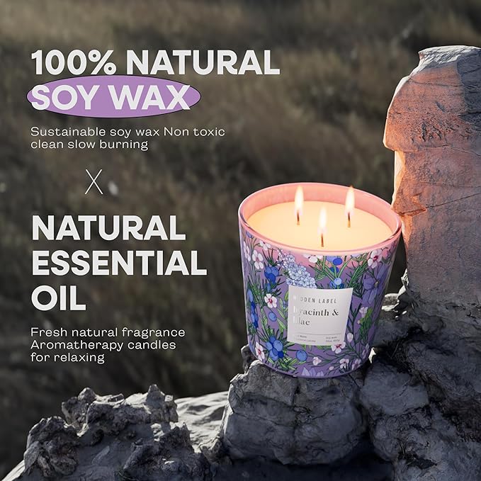 Hidden Label Hyacinth & Lilac Soy Candle, 3 Wick Large Candles for Home Scented, 30oz Natural Soy Candles Non Toxic, 100 Hour Burn Time, Aromatherapy Candle for Stress Relief, SPA, Larger Rooms - Bloomnest