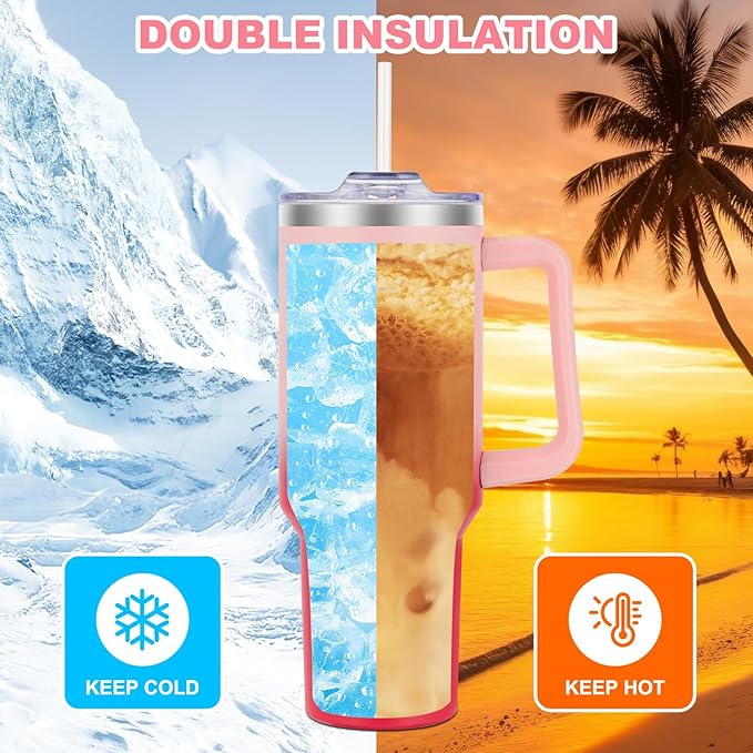 40 oz Tumbler with Handle and Flip Straw Lid, Vacuum Insulated Leak Proof Double Walled Stainless Steel Travel Mug Tumblers, Maintains Cold Ice and Heat for Hours(Pink Gradient) - Bloomnest