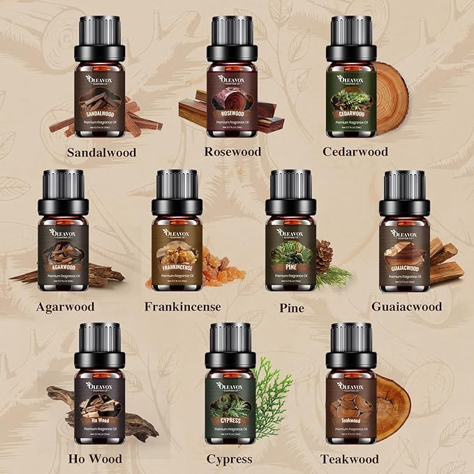 Woody Essential Oils Gift Set, 10x５ML Premium Wood Fragrance Oil　for Candle & Soap Making, Diffuser, Sandalwood, Teakwood, Forest Pine, Cedarwood, Cypress and Frankincense More Aromatherapy Oils - Bloomnest