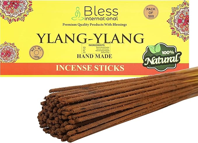 Bless-YLANG-YLANG 100%-Natural-Handmade-Hand-Dipped-Incense-Sticks Organic-Chemicals-Charcoal-Free Purification-Relaxation-Positivity-Yoga-Meditation Best-Woods-Scent (500 Sticks(26 OZ)) BlessInternational