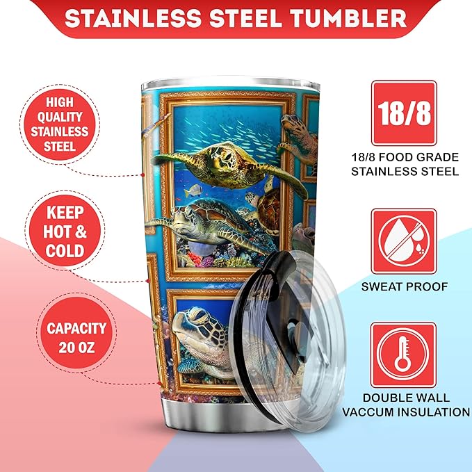 Sea Turtle Tumbler With Lid 20oz Insulated Coffee Cup Gifts For Women Who Love Turtles Sea Animal Ocean Themed Birthday Stainless Steel Travel Mug Cute Turtle Items - Bloomnest