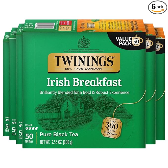Twinings Irish Breakfast Black Tea Individually Wrapped Bags, 50 Count (Pack of 6), Flavourful, Bold, Robust, Caffeinated, Enjoy Hot or Iced, 300 Teabags - Bloomnest