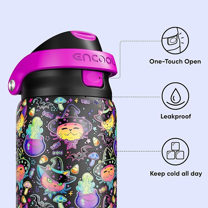 Encool SwiftSip Insulated Stainless Steel Water Bottle with Straw - Leak Proof Sports Water Bottle for School, Travel, Keeps Cold All Day, One-Touch Flip Lid, BPA-Free, 32 oz, Meowgic Night ENCOOL