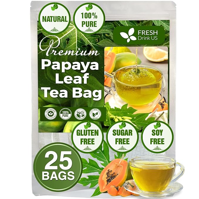 FreshDrinkUS, Premium 25 Papaya Leaf Tea Bags, 100% Natural & Pure from Papaya Leaves. Loose Leaf Papaya Herbal Tea. Made with Natural Material Tea Bags. No Sugar, No Caffeine, No Gluten, Vegan. - Bloomnest