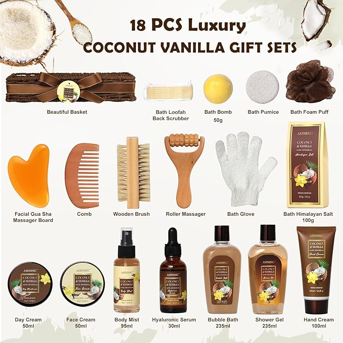 Spa Basket for Women, Coconut Vanilla Bath & Body Set, Christmas & Birthday Gift, Unique Gift with Bath Bombs, Body Lotion, Spa Bath Sets for men Gift Home Spa Set Luxurious Bath Gift & More - Bloomnest