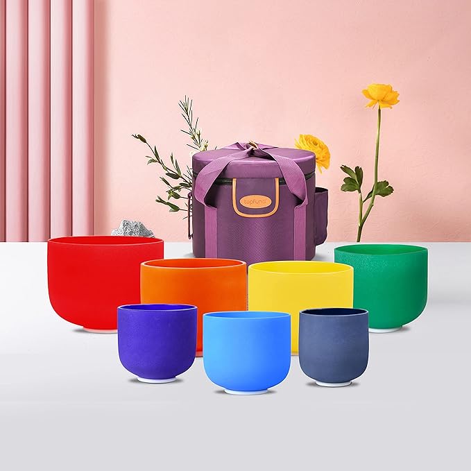 TOPFUND 6-14 inch Chakra Set of 7 Color Crystal Singing Bowls with Heavy Duty Carrying Case and Singing Bowl Mallets - Bloomnest