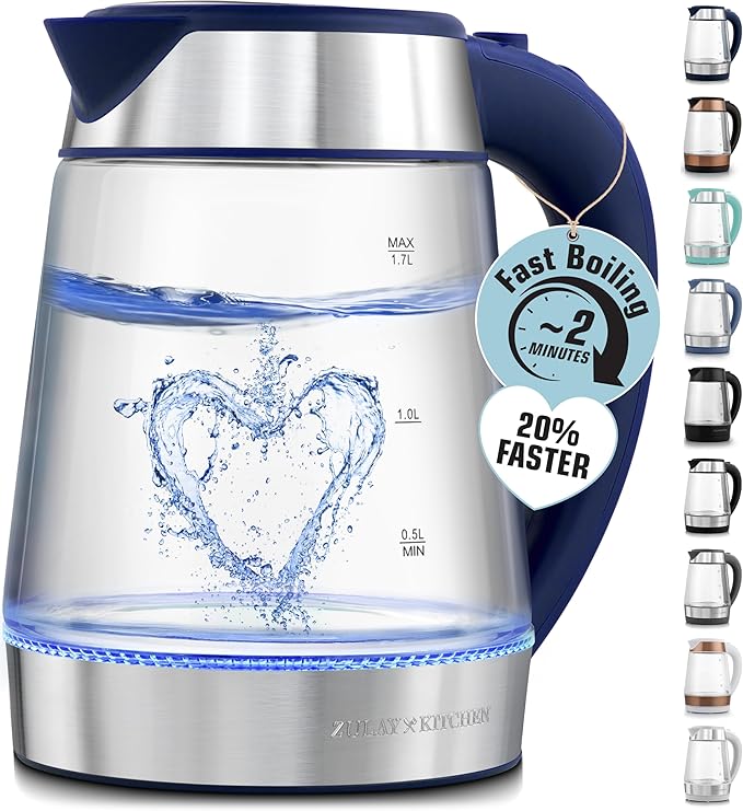 Zulay Kitchen Fast Boiling Electric Water Kettle - 1.7L, 1500W, Auto Shut-Off for Overboil & Boil Dry Protection, Cool-Touch Handle, 360° Base - Rapid Teapot Boiler For Coffee & Tea - Navy - Bloomnest